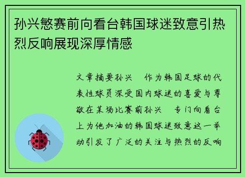 孙兴慜赛前向看台韩国球迷致意引热烈反响展现深厚情感